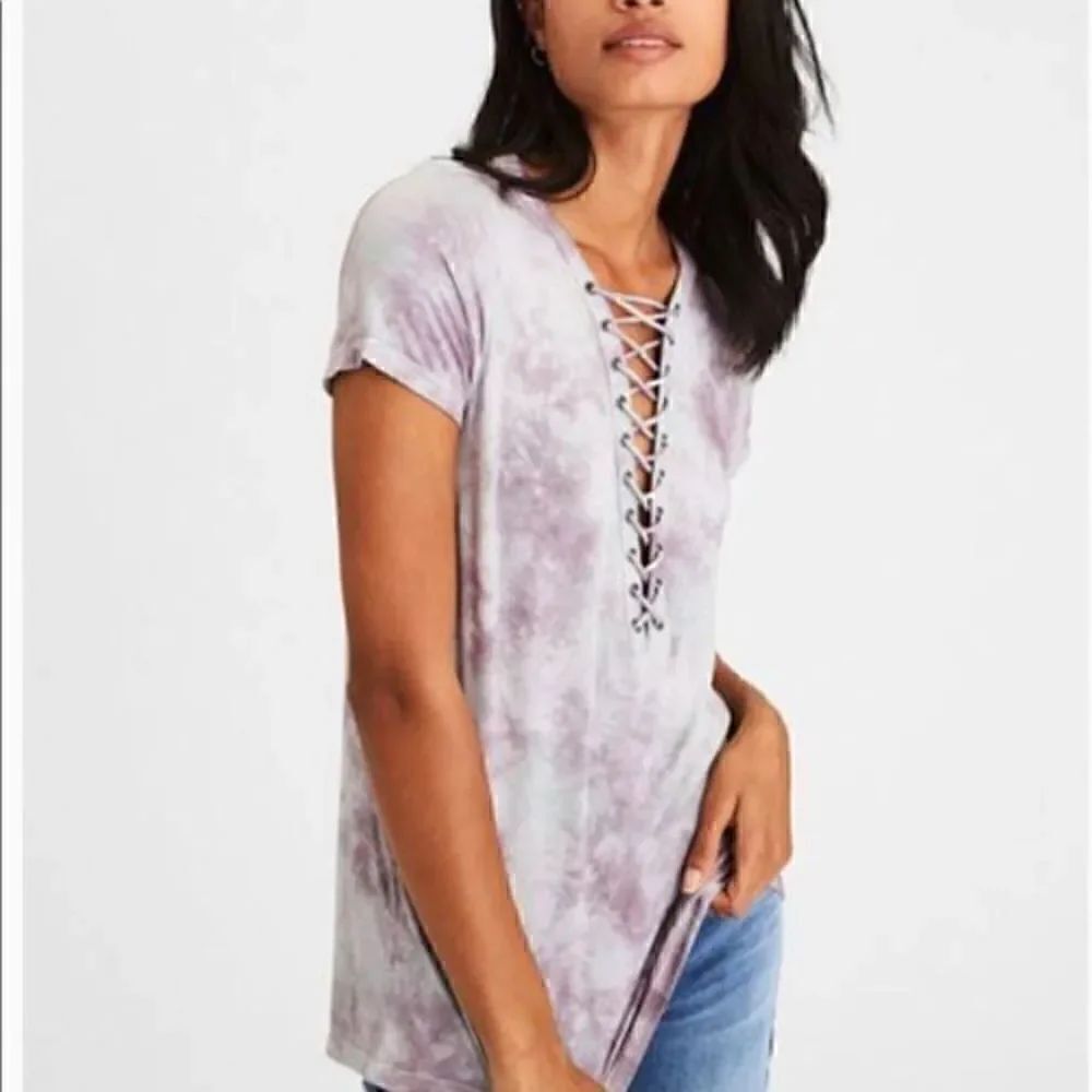 American Eagle- Women's Blue White Tie Dye Lace Up Front Tshirt Size XL